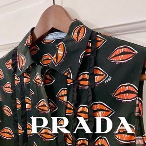 PRADA logo print cotton button-down sleeveless blouse